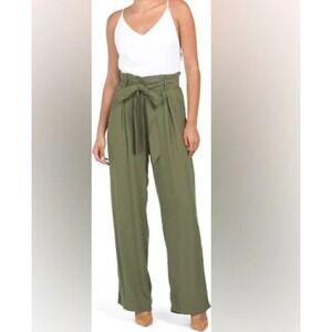 Ellen Tracy Pants Womens S Olive Green Belted Straight Leg High Waisted Stretch